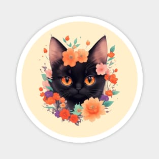 Midnight Meow: Cute Black Kitten and Vintage Floral Charm Magnet